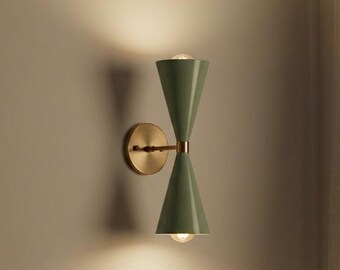 Mid Century Modern Double Cone Wall Sconce Green Metal Brass Wall Light Scandinavian Lighting Fixture Bedroom Hallway