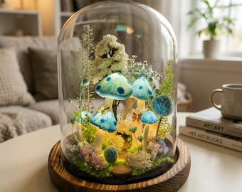 Lampka nocna LED Blue Mushroom, szklana kopuła, lampa leśna, dekoracja wróżki Cottagecore, lampa stołowa, wyjątkowy prezent na Dzień Matki, Wielkanoc
