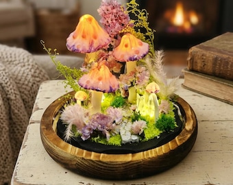 Różowa lampka nocna LED z grzybem, szklana kopuła, leśna lampa wróżkowa, dekoracja stołowa Cottagecore, wyjątkowy prezent na Dzień Matki, Wielkanoc