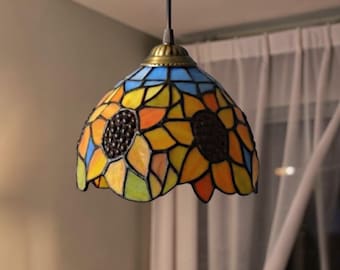 Wisząca lampa witrażowa ze słonecznikiem w stylu Tiffany, lampa wisząca z motywem kwiatowym, oświetlenie wyspy kuchennej, lampa sufitowa do jadalni w stylu rustykalnym