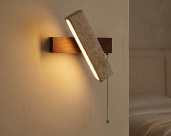 Aplique de pared moderno de madera y piedra con LED, lámpara de pared minimalista con interruptor de cadena, ideal para dormitorio y sala de estar. Regalo perfecto para inauguración de casa.
