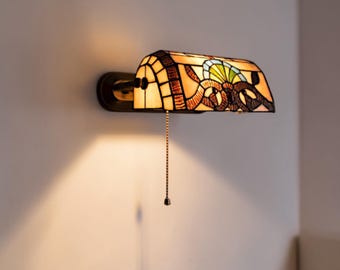 Kinkiet ścienny Tiffany z witrażem, vintage, lampa ścienna z łańcuszkiem, art déco, oświetlenie nastrojowe do sypialni i korytarza