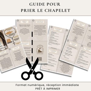 Peut inclure: Un guide imprimable pour prier le chapelet, composé de plusieurs pages avec du texte en français, des illustrations de figures religieuses et un schéma de chapelet. La mise en page inclut des sections pour les prières et les mystères.