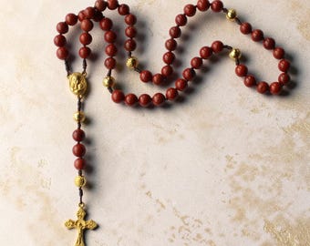Jerusalem Earth rosary, natural red jasper, Mary and Child medal, handmade in France