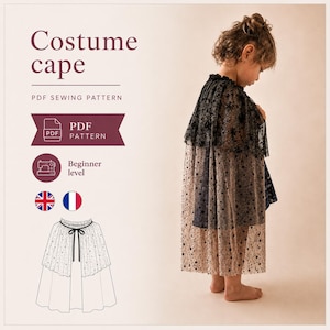 May include: A PDF sewing pattern for a costume cape featuring text that reads Costume cape, PDF SEWING PATTERN, PDF PATTERN, and Beginner level. The image displays a sheer black cape with a star pattern worn over a dark dress, plus a line drawing.