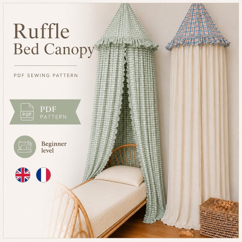 May include: A Ruffle Bed Canopy PDF sewing pattern featuring two hanging canopy designs. One is a green and white gingham check fabric, and the other is a blue and white plaid top with a solid cream curtain. Text includes Ruffle Bed Canopy.