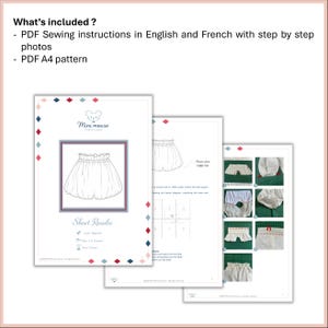 May include: A digital sewing pattern for Short Rosalie, including PDF instructions in English and French with step-by-step photos and an A4 pattern layout. The document features a line drawing of ruffled shorts and assembly diagrams.