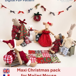 May include: A digital PDF pattern for a Maxi Christmas pack for Maileg mouse, featuring fabric mice dressed in red plaid pyjamas, a red dress, and a white vest. Includes a patchwork quilt, a snowman, a miniature tree, and a bow garland.