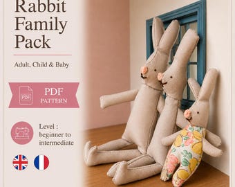 Patroon Maileg konijnenpoppenfamilie - linnen konijn 1:12 schaal - naaipatroon in PDF - Frans konijnenpoppenpatroon - Maileg muis inspiratie