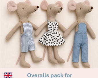Patroon voor Maileg-poppenkleding: overall, schort, jurk, broek, korte broek - naaipatroon in PDF - Frans Maileg-muizenpatroon