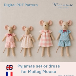 May include: Four beige fabric mouse dolls wearing handmade clothing. The dolls feature outfits including a pink striped pajama set, a light pink dotted dress, a pink and white gingham dress, and a blue floral pajama set. Text reads Digital PDF Pattern.