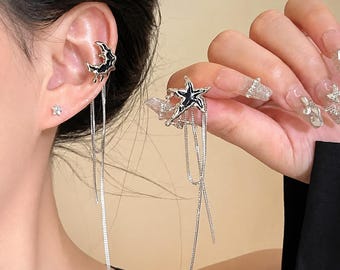 Asymmetrical Moon and Star Dangle Earrings, Mismatched Celestial Ear Climber Jewelry