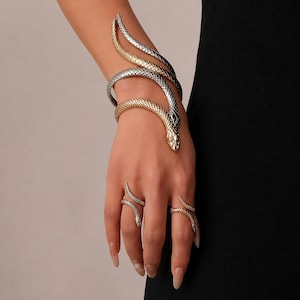Könnte beinhalten: Ein gewundenes Schlangenarmband mit abwechselnd gold- und silberfarbenen, texturierten Metallsegmenten, die sich um den Unterarm legen. Zwei passende Schlangenringe, einer in Silber und einer in Gold, werden an den Fingern getragen und zeigen ein Schuppenmuster.