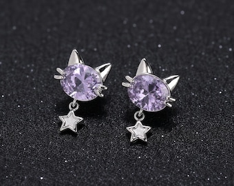 Gotische Katzenohrringe mit violettem Stein-Look und Sternanhänger, himmlischer Hexenschmuck, Geschenk für Katzenfans