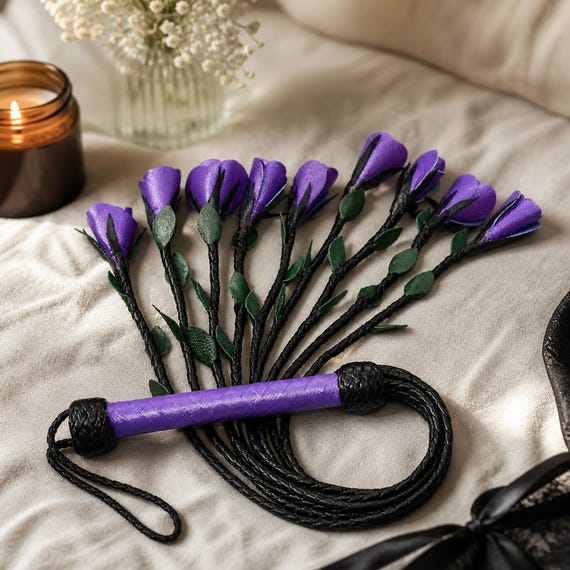 Leather Flogger with Purple Roses, 9 Braided Falls, Handmade BDSM Whip, Soft Thuddy Flogger, Cat o Nine Tails, Impact Play