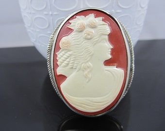Gorgeous 1920's Art Deco Celluloid Cameo Silver Brooch Pin