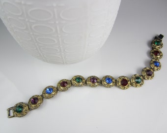 Beautiful 1930's Multi Color Crystals Gold Tone Bracelet