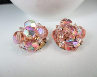 1930's Gorgeous Salmon Aurora Borealis Crystals Antique Gold Tone Clip On Earrings
