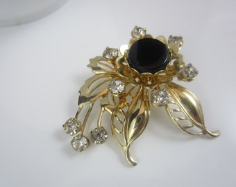 Nice Multi Layered Onyx Stone and Clear Rhinestones Gold Tone Brooch Pin