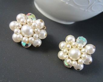 Nice Vintage JAPAN Pair of Faux Pearl and Aurora Borealis Rhinestones Cluster Clip On Earrings