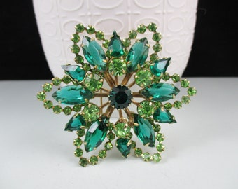Classy JULIANA STYLE Dark and Light Emerald Green,  Czech Crystals Gold Tone  Brooch Pin