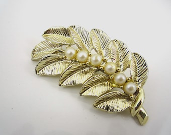 Classy Vintage Art Deco Gold Tone Leaf Brooch Pin with Faux White Pearl