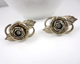 Beautiful Vintage Goldish Silver Tone Rose Screw Back Earrings with a Clear Rhinestone Center