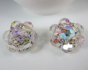 1930's Gorgeous Aurora Borealis Crystals and Clear Rhinestones Silver Tone Clip On Earrings