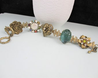 Vintage Semi Precious Stones and Heart Locket Gold Tone Bracelet