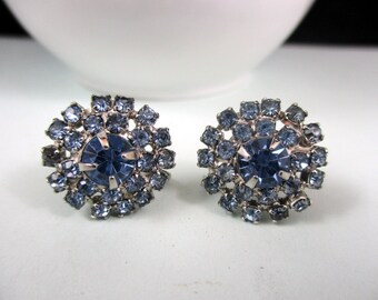 Cute Pair of Blue Rhinestone Silver Tone Screw On Earrings