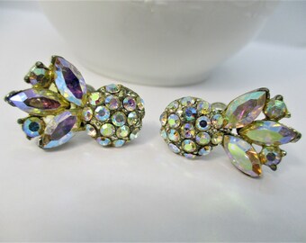 Gorgeous Aurora Borealis Crystals Silver Tone Screw On Earrings