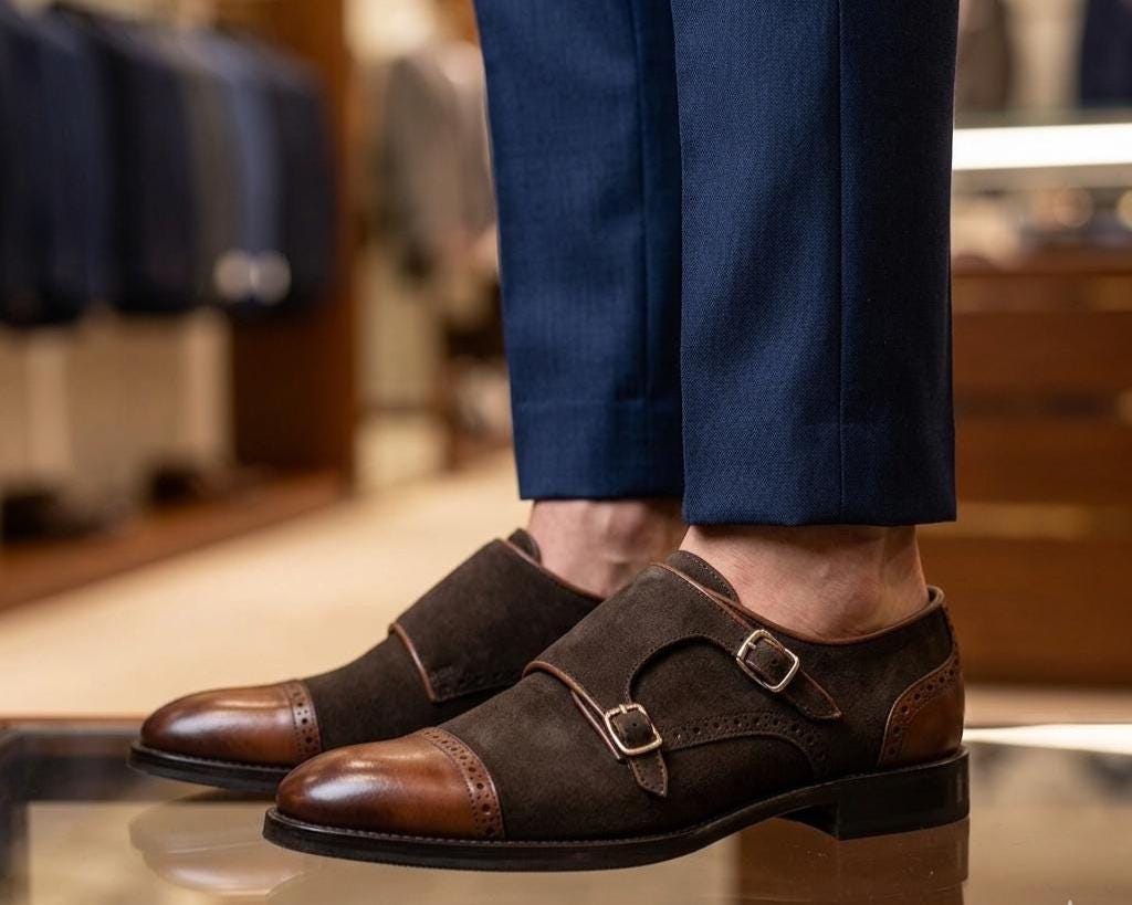 Dark Brown Brown Suede Monk Shoes Hebilla Italian Suede Monk  display picture 3