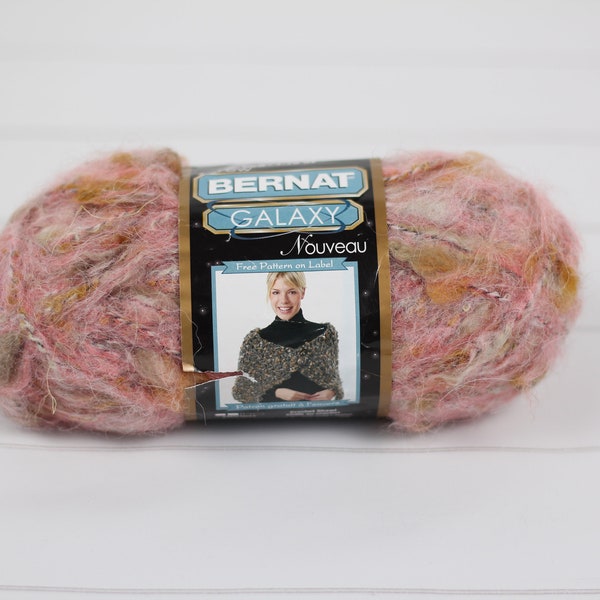 1 skein Bernat Galaxy Nouveau in Venus, super bulky yarn. Acrylic, mohair and alpaca blend novelty yarn for fibre art, knitting and crochet.