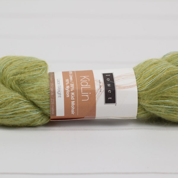 1 hank Louet Kidlin, Grasshopper, discontinued mohair yarn, lace yarn, linen yarn for fibre art, knitting, crochet and weaving.