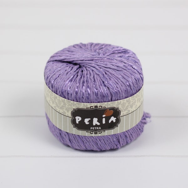 1 cake Petra by Peria Yarn in Lilac. Soft purple cotton blend vegan yarn. Soft and shiny yarn for fiber art, knitting or crochet projects.