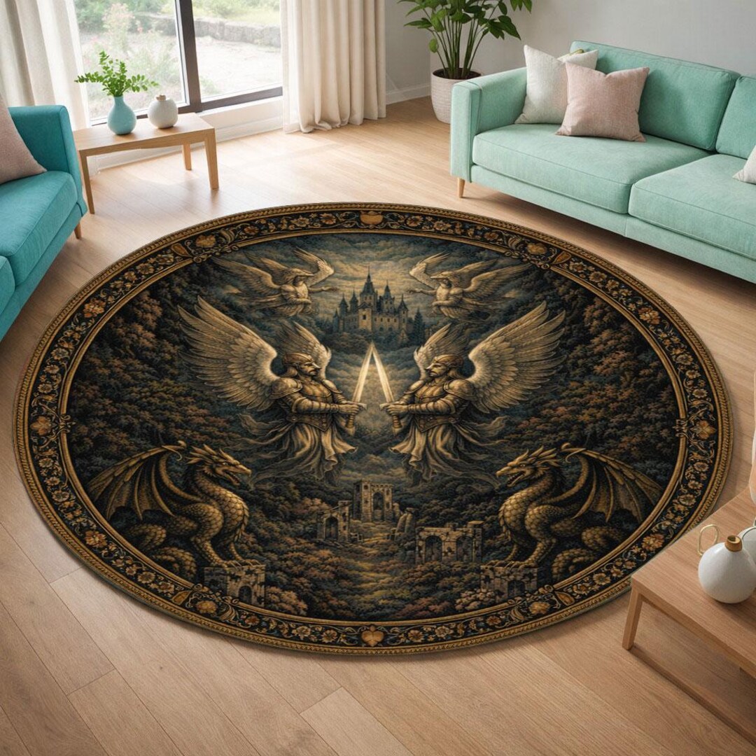 Medieval Area Rug Gothic Round Area Rug Medieval Angels Dragons Castle Dark Fantasy ...