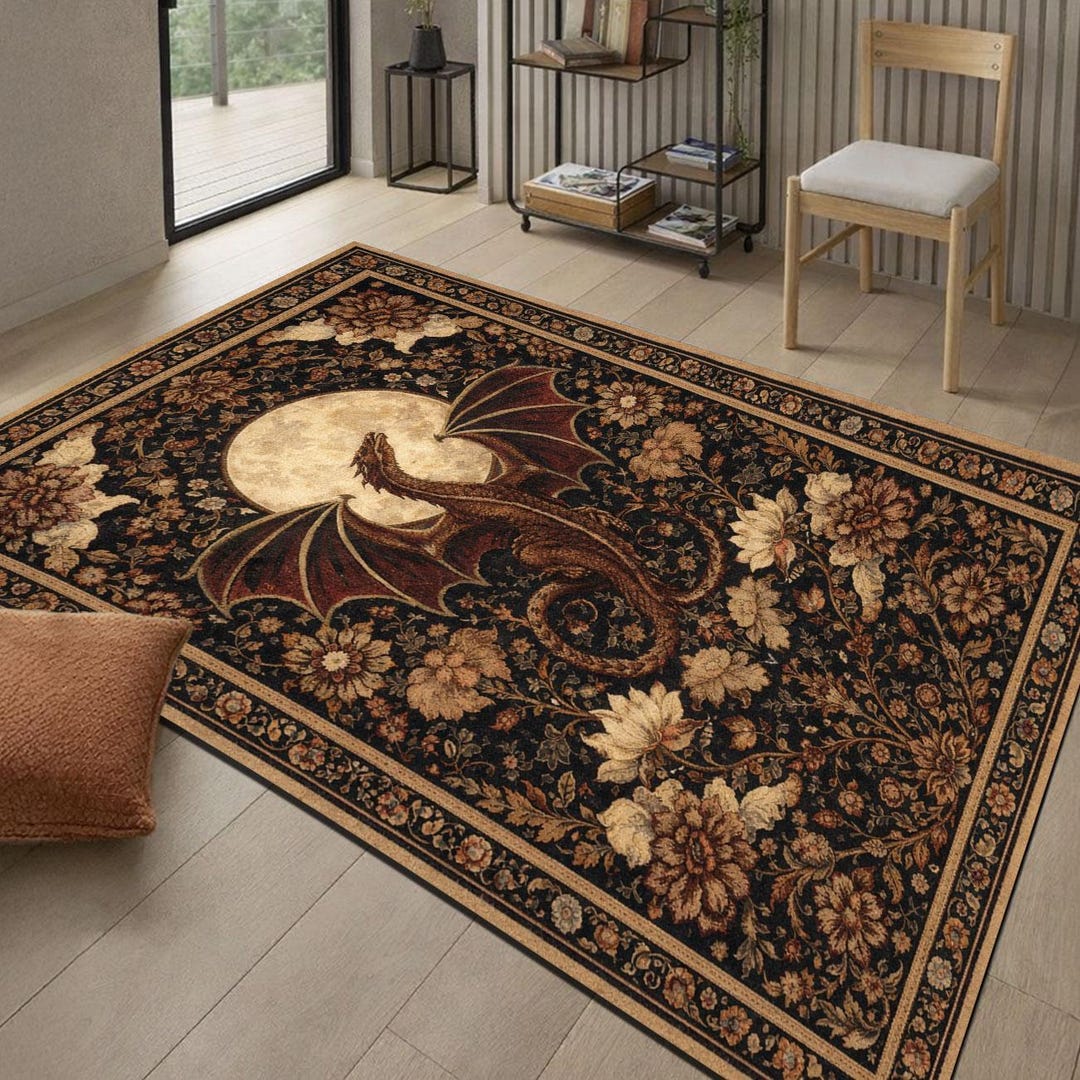 Gothic Dragon Rug Medieval Fantasy Tapestry Dark Floral Vintage Gothic ...