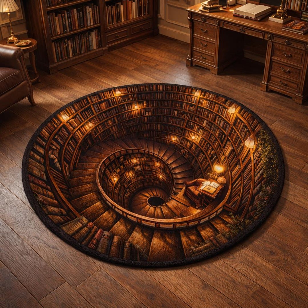 3D Spiral Library Rug, Round Bookshelf Optical Illusion Carpet Decor ...