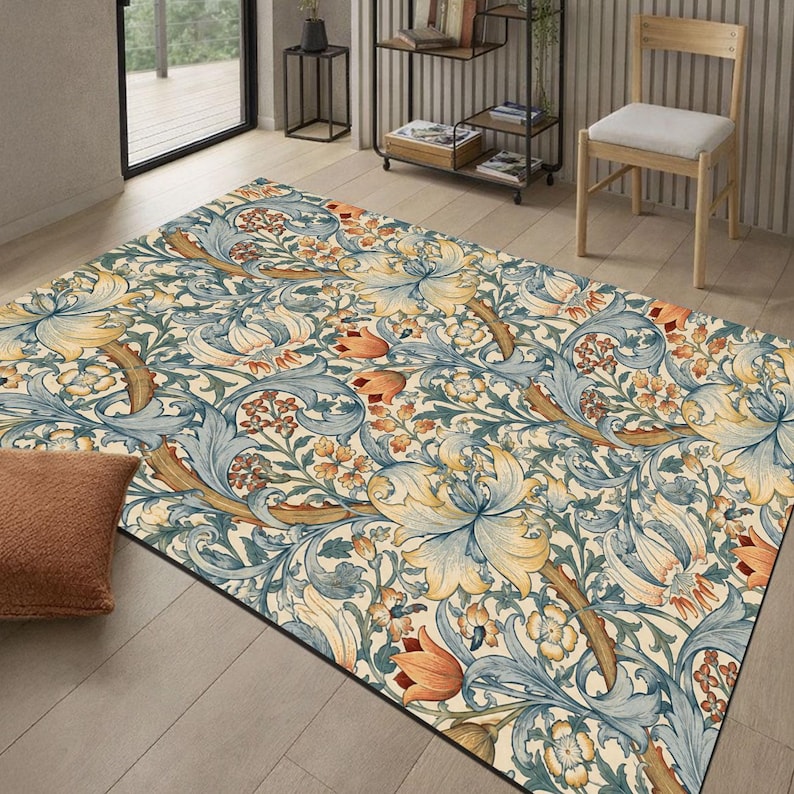 Classic Rug Pattern Background Morris Floral Rug, Vintage Botanical Flower Area Rug, Blue Gold ...