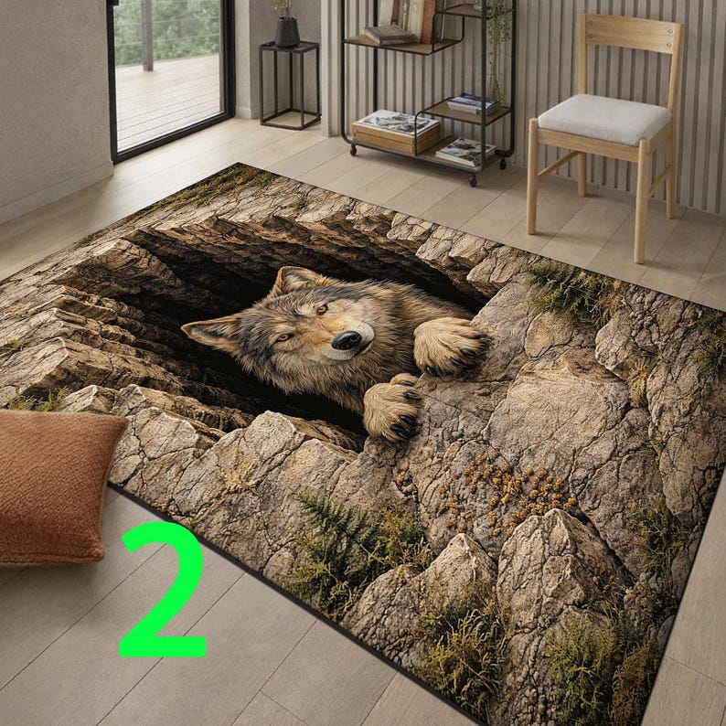 Wolf Rug Drawing 3D Wolf Canyon Rug, Rustic Wildlife Cabin Area Rug, Nature Lodge Carpet ...