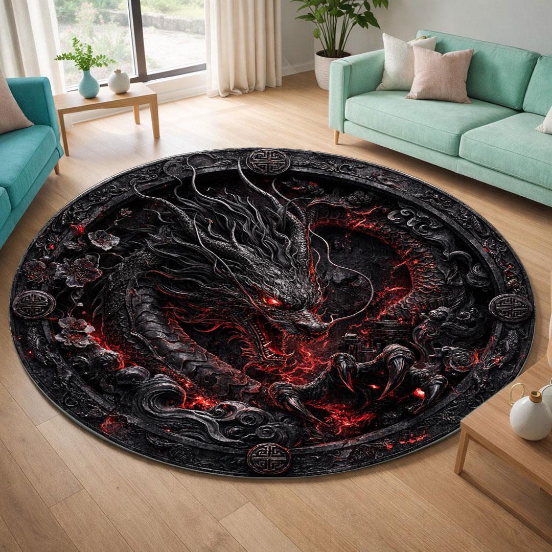 Dragon Small Rug 3D Dragon Round Rug Black Red Asian Dragon Circle Statement Rugs - Etsy