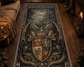 Alfombra medieval con dragón, alfombra gótica para pasillo con castillo, alfombra con escudo heráldico de fantasía,