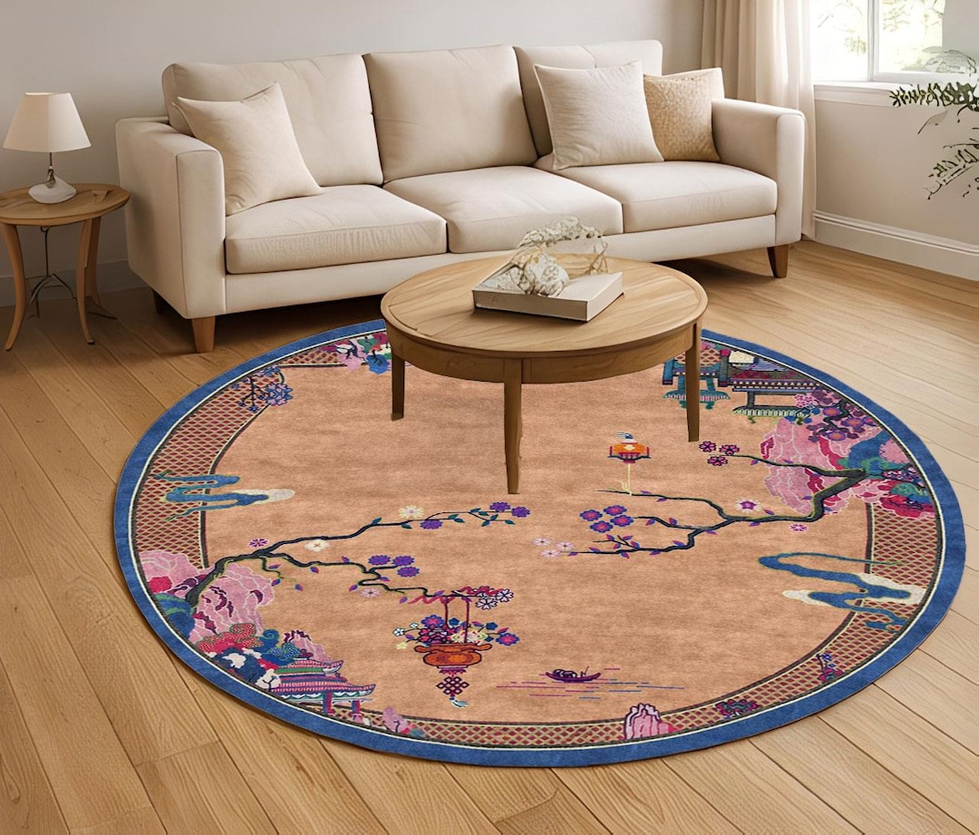Pagoda Landscape Area Rug, Asian Floral Oriental Style Carpet, Round ...