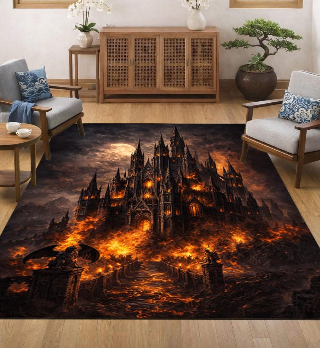 Knight Castle Rug Gothic Castle Rug Dark Fantasy Burning Cathedral Medieval Fire Art Rug ...