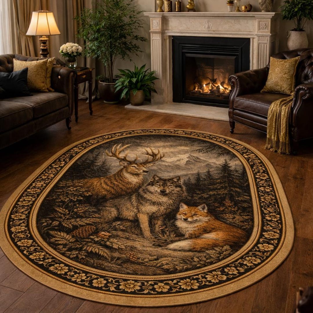 Wildlife Rug Rustic Wildlife Area Rug, Deer Wolf Fox Forest Cabin Lodge Carpet - Etsy