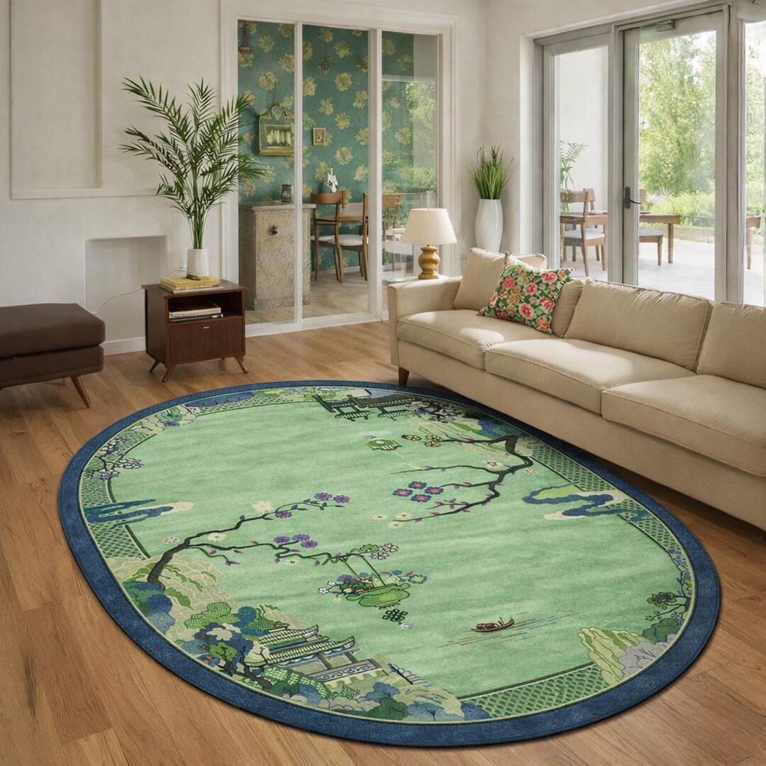 Oval Chinoiserie Rug Asian Pagoda Garden Landscape Area Carpet Decor - Etsy