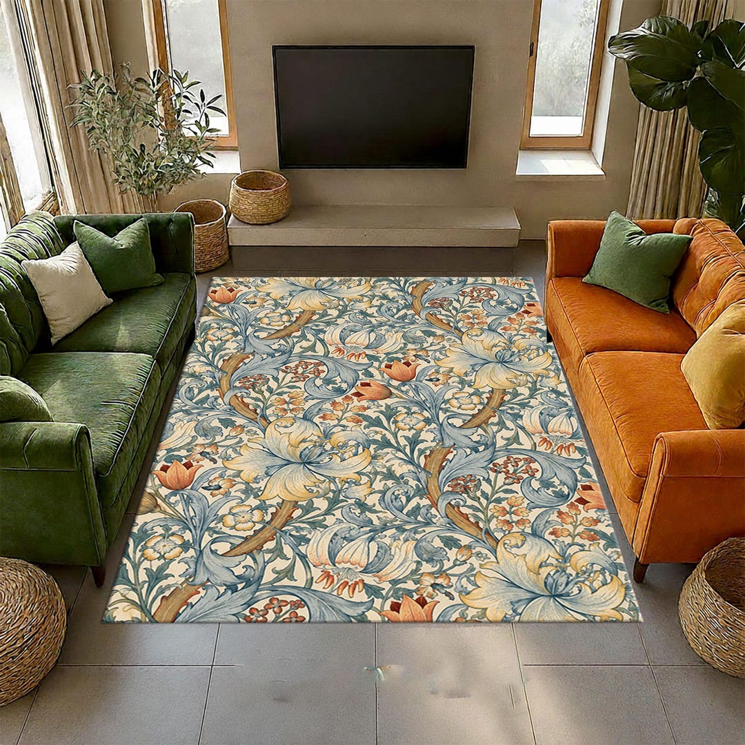 Morris Floral Rug, Vintage Botanical Flower Area Rug, Blue Gold ...