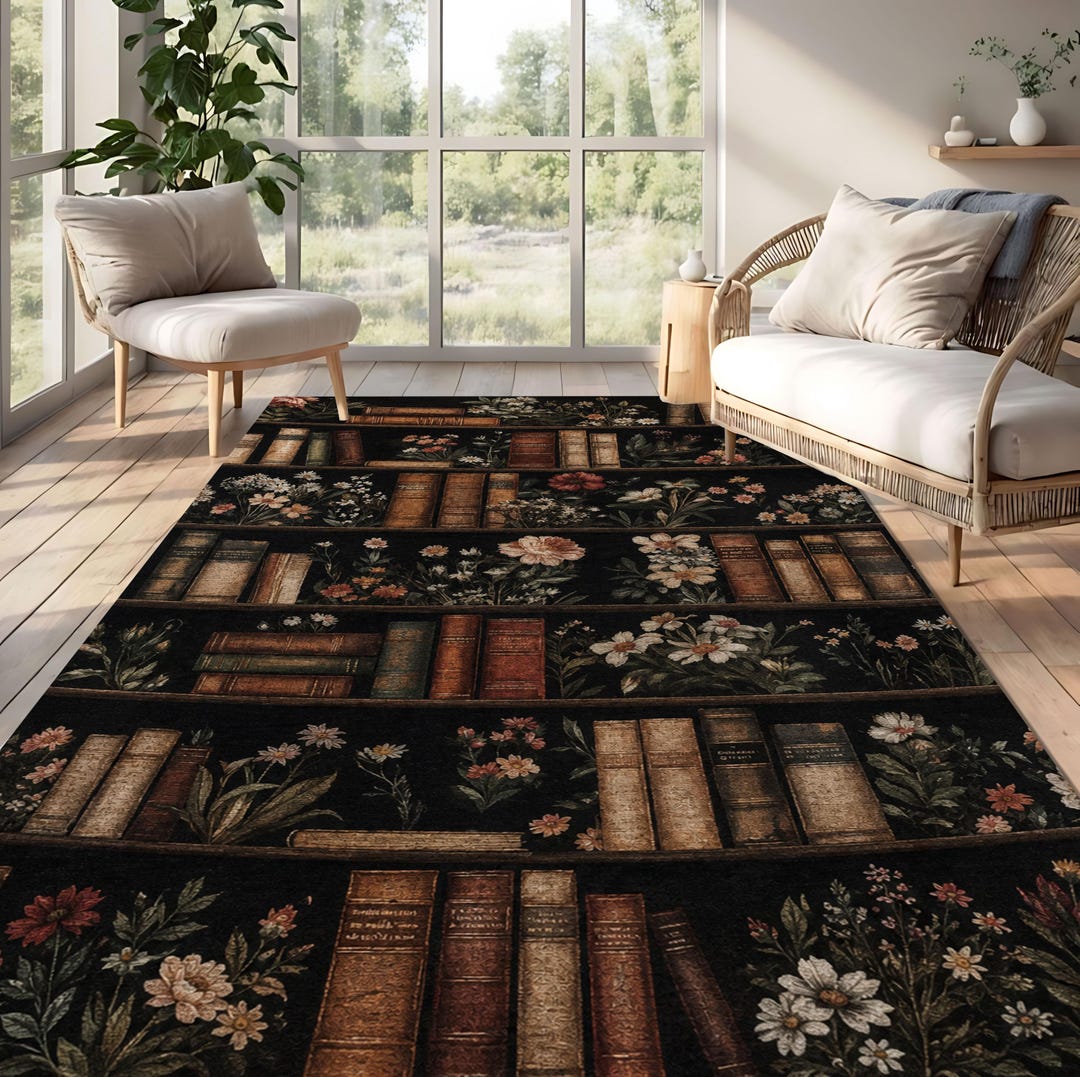 Vintage Botanical Bookshelf Area Rug, Floral Library Carpet, Book Lover ...