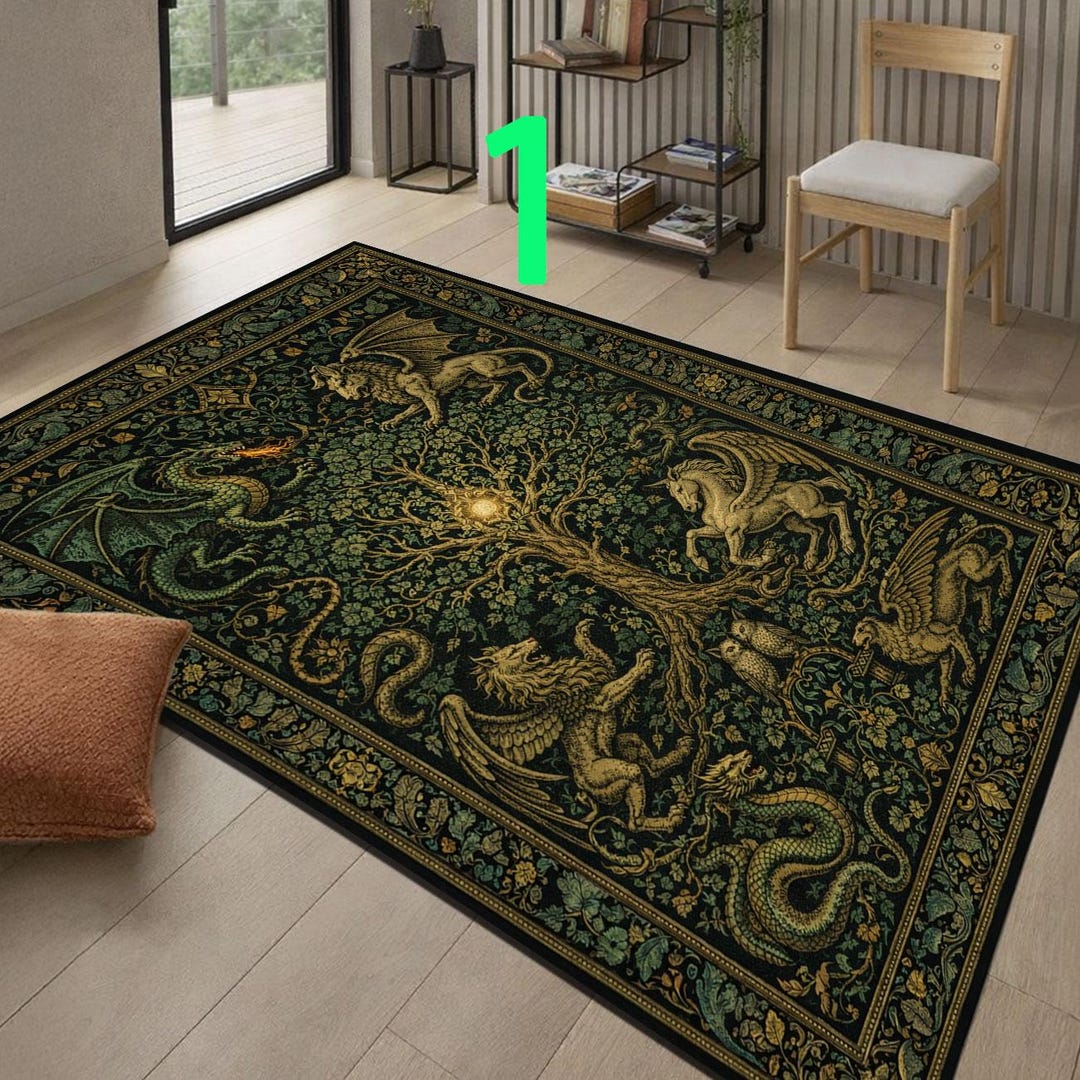 Gothic Medieval Tapestry Rug, Dragon Griffin Fantasy Carpet, Gothic ...