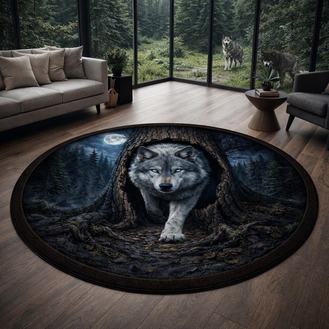 Wolf Rug Drawing 3D Wolf Round Rug, Moonlight Forest Animal Area Rug Decor - Etsy